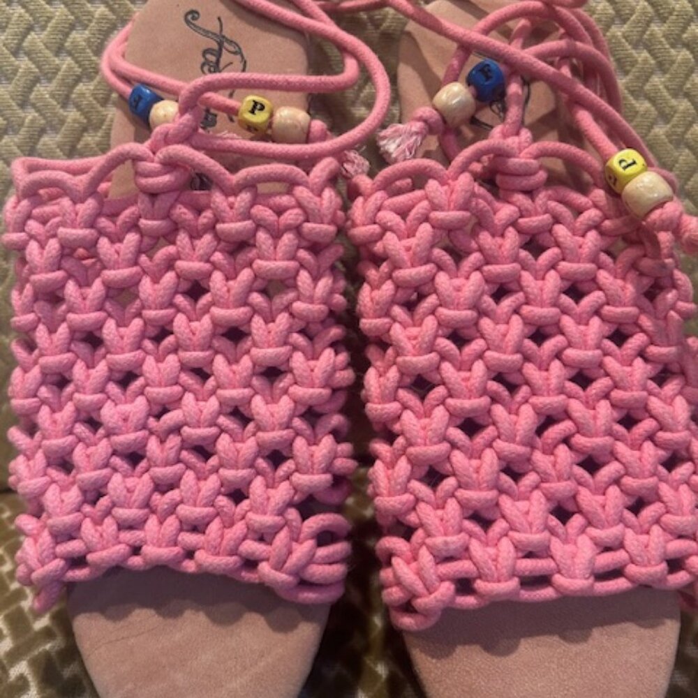 Free People Candy Pink Crochet Lace Up Wooden Heel Clogs NEW - Picture 15 of 16